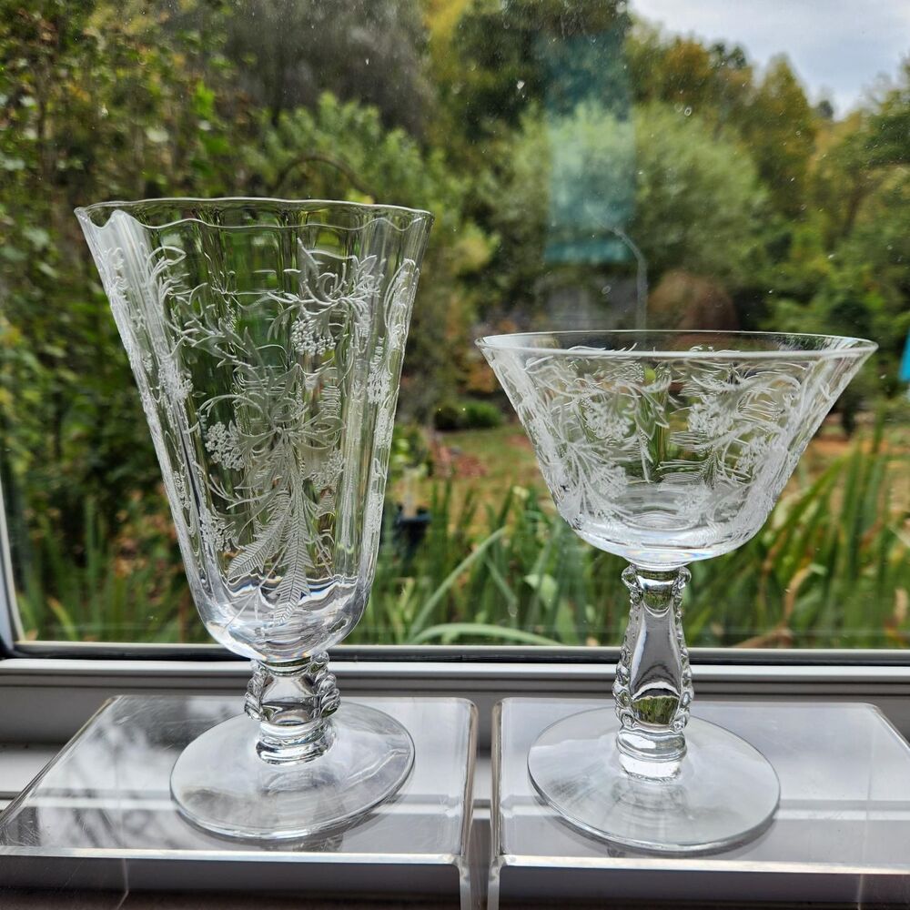 Fostoria Heather Etch Glasses Set of 2 Iced Tea & Champagne Coupe Glass Footed